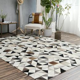 Carpets Nordic Style Pure Cowhide Carpet Geometric Jigsaw Rug Living Room Bedroom Tea Table Handmade Splice XT 04