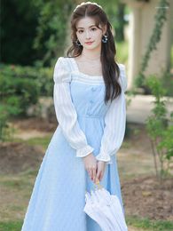 Casual Dresses Square Neck Chic Blue Sweet Vintage For Women Autumn Flared Sleeves Pleated French Style Fairy Dress Vestido Fiesta