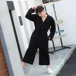 Men's Tracksuits Fashion Men's Korean Spring Summer And Autumn Capris Wide Leg Pants Loose 9-piece Jumpsuit V-neck Hip Hop Skirt