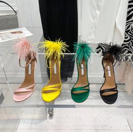 AQUAZZURA Newfeather Enfeite Salto estilete sandálias Sapatos de noite100mm Seda Tornozelo banda mulheres verão Luxo Designers sapatos com caixa