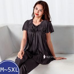 Women's Sleepwear Nightshirt Female Summer Satin Silk Short-sleeved Trousers Suit Women Middle-aged Lace Oversized M-5XL Pyjamas Bedroom Set