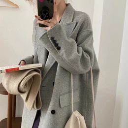 Women's Wool Blends Autumn and Winter Korean Style Cashmere DoubleSided Handmade Coat Loose Cufflinks High Grade Gray for Women 230107