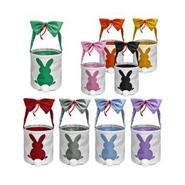 Easter Hunt Egg Party Basket Bags with Bowknot Girls Cotton Linen Rabbit Fluffy Tails Printed Tote Bag 0107