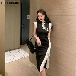 Ethnic Clothing Lady Vintage Black And White Patchwork Cheongsam Women Slim Retro Qipao Modern Chinese Ruffles Party Dress