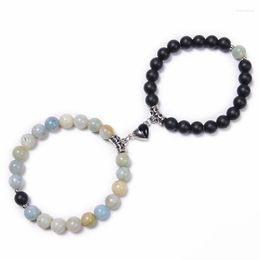 Strand Lover Couple Amazonite Stone Matching Black Beads Bracelet Heart Magnet Charms Stretch Yoga Jewellery