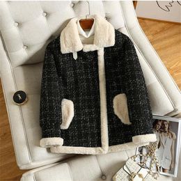 Women's Wool & Blends Plaid Short Velvet Jacket Thick Coat Loose Clothes Casual Winter Novelty