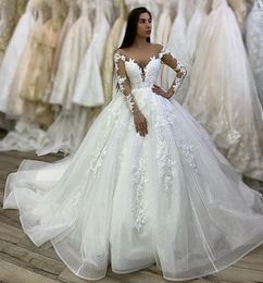 Elegant White A Line Wedding Dresses Glitter Tulle Lace Appliques Long Sleeves Sheer Neck Floor Length Bridal Gowns With Beads Custom