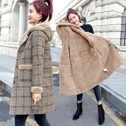 Women's Wool Blends en Coat Women Winter Jacket Fashion Plaid Mid Long s Hooded Warm Lady Outerwear Overcoat Female Tops 230107