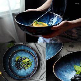 Bowls Japanese Retro Kiln Glazed Ceramic Household Restaurant Western Fruit Salad Bowl Soup Irregular Blue Shaped