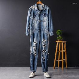 Men's Tracksuits High Street Men's Denim Jumpsuit Streetwear Hole Ripped Jeans Overalls Hip Hop Cargo Freight Trousers Male