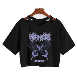 Women s T Shirt Summer Gothic Purple Butterfly Vintage Graphic Tee Female Short Sleeve T shirt V neck Sexy Cropped Tops Harajuku streetwear top 230106