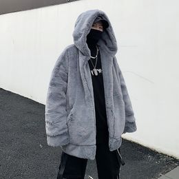 Men s Jackets Faux Rabbit Fur Jacket for Mens Fashion Trends Fleece Clothes Teen Harajuku Style Hip Hop Hooded Coats Oversized Streetwear 230106
