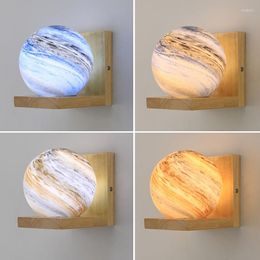 Wall Lamps Creative Planet Lamp Glass Shade Living Room Nordic Wood Bedside Indoor Modern Minimalist Wooden Sconce Lights