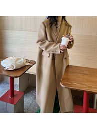 Women's Wool Blends Winter Double Breasted Long Handmade 100 Coat Women Korean Style High End Suit Collar Loose en Jacket Overcoat 230107