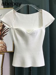 Women s T Shirt spring sqaure collar sleeveless knitting pullover slim short high waist top female tank WK69001l 230106
