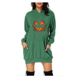 Casual Dresses Women's Autumn Hooded Mini Dress With Pocket Halloween Print Long Sleeve Soft Modis Ladies Comfy Loose #T2G
