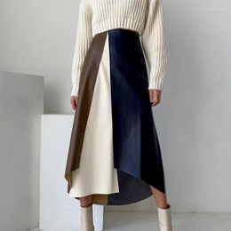 Skirts High Waist Black White Color-block Pu Leather Long Irregular Skirt Women Fashion Tide Spring Autumn 2023