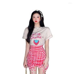 Work Dresses Sweet Girls Strawberry Printing T-shirt Short Sleeves Plaid Mini Skirt Summer Fashion Designs