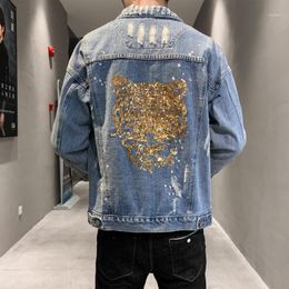 Men's Jackets YASUGUOJI 2023 Punk Style Fashion Golden Tiger Metal Patchwork Jean Jacket Men Denim Streetwear Hole Male