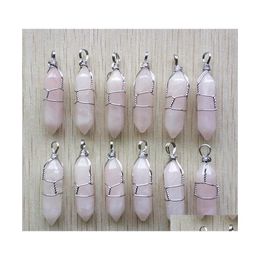 Charms Sier Colour Wire Wrapped Rose Quartz Hexagon Pendum Chakra Pendant Healing Pink Crystal Stone Hangings Fashion Jewellery Making Dhd05