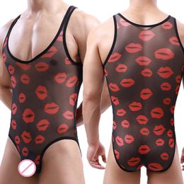 Undershirts Lingerie Sexy Men Bodysuit Jockstrap Leotard Mesh Transparent Lips Printed Rompers Tank Tops Singlet Jumpsuit Catsuits Underwear