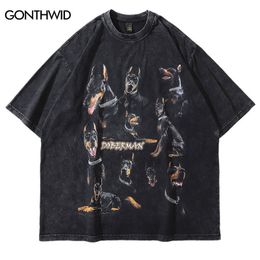 Men's T-Shirts Oversize Distressed T Shirts Hip Hop Vintage Doberman Dog Print Punk Rock Gothic Tshirt Streetwear Harajuku Casual T-Shirt 230106
