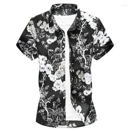Men's Casual Shirts 2023 Summer Men Black Floral Printed Hawaiian Vacation Party Short Sleeve Hip Hop Male Shirt Plus Size 5XL 6XL 7XL