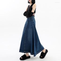 Skirts Retro Women Denim Skirt High Waist Loose A-Line Dress All-Match Girls Outwear Tassel Pleated Long Jeans 2023