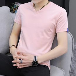 Men's T Shirts Men Tshirts Short Sleeve T-Shirt V-Neck Summer Cotton Pink Slim Ice Silk Half Tops Casual TeesMen's