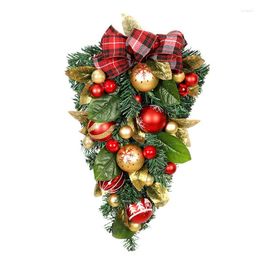 Decorative Flowers Christmas Wreath Artificial Magnolia Leaves Teardrop With Red Gold Ball Ornaments Plaid Bow Tie Front