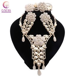 New Design Ladies Gold Color Jewelry Flower Shape Necklace Earrings Ring Bracelet Luxury Jewelry Set Wedding Party Gift