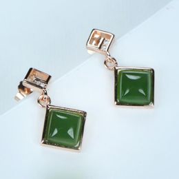 Dangle Earrings Natural Green Jade 925 Sterling Silver Chinese Nephrite Hetian Jades Zircon Square Earring Women Fine Jewellery