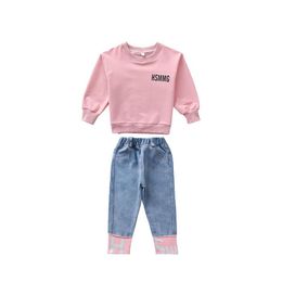 Clothing Sets Girls Sports Suits Fashion Denim Stitching Set For Teenage Girl Spring Autumn Tracksuit Kids Clothes Letter Sportswear Dhvuh