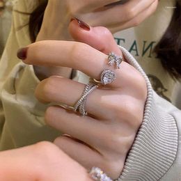 Wedding Rings OIMG Silver Colour Korean Charming Design Shiny Crystal Heart Bowkont Open Women Fashion Elegant Vintage Birthday Jewellery