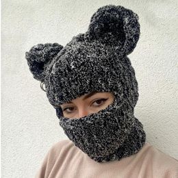 Berets Halloween Unisex Knitted Balaclava Hat Bear Ears Winter Thicked Warm Adult Party Funny Mask Cap Handmade Bonnet