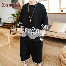 Men's Tracksuits Zongke Chinese Men Set Cotton Linen Wave Printed Mens T Shirts Shorts Sets Jogger Black Suit 2023 Summer