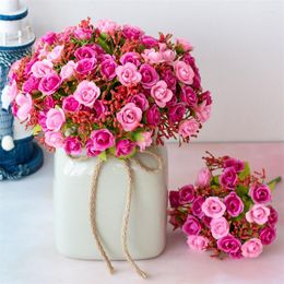 Decorative Flowers 21 Heads Rose Artificial Flower Wedding Bouquets Minin Bud Camellia Fake Christmas Party Room Decoration Accessories