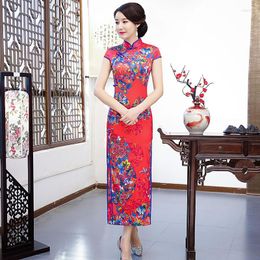Ethnic Clothing Big Size 5XL Sexy Slim Cheongsam Rayon Vintage Button Red Print Flower Chinese Dress Mandarin Collar Female Long Retro