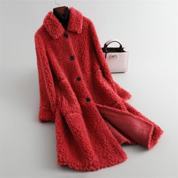 Women's Wool & Blends Slim Korean Women Sheep Fur Coat Jacket Turn-down Collar Single Breasted Cashmere Red Winter Warm Office Lady Lamb Ove