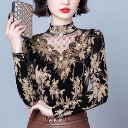 Women's Blouses & Shirts Autumn And Winter Velvet Padded Sexy Women Half High Neck Mesh Drill Hollow Out Top Long-sleeved Lace OL Ladies