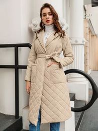 Women's Down Parkas IN Long straight winter coat with rhombus pattern Casual sashes women parkas Deep pockets tailored collar stylish outerwear 230107