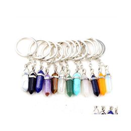 Key Rings Healing Reiki Chakra Carved Hexagon Natural Stone Pendant Keychain Crystal Chakras Quartz Chains Jewelry Accessories Drop D Dhnkc