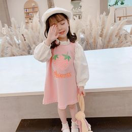 Girl Dresses Strawberry Kids Dress Fake 2pcs Puff Sleeve Spring Autumn Children Cartoon Cute Baby Elegant