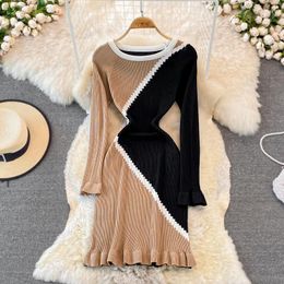 Casual Dresses Autumn And Winter Fashion Round Collar Knit Dress Female French Clang Colour Retro Waist Show Thin Temperament Bag Hip Skirt