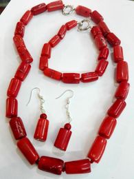 Necklace Earrings Set Woman Jewellery 17mm Red Coral Stone Cylinder Beads Bracelet Dangle