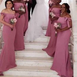 Off The Shoulder Shoulder Satin Long Bridesmaid Dresses Bow Ruched Floor Length Plus Size