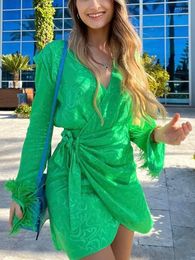 Casual Dresses Women Green Cross V Neck Ostrich Feather Evening Wedding Party Mini Dress High Quality Long Sleeve