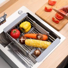 Kitchen Storage Stainless Steel Sink Drain Rack Dish Drying Insert Organiser Adjustable Fruit Vegetable Drainer Basket