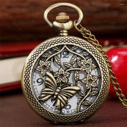 Pocket Watches Vintage Bronze Butterfly Flower Hollow Cover Quartz Watch Arabic Numerals Display Necklace Antique Clock