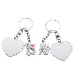 Sublimation Couple Keychain Favor Metal Letter Engraving Charm Heart-shaped Blank DIY Key Ring Valentine's Day Gifts